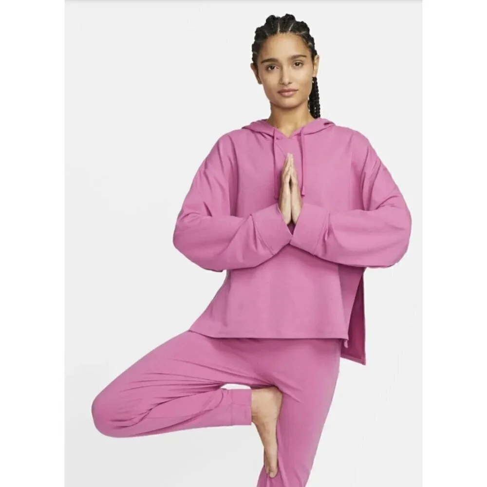 NWOT Nike Dry Fit Pink Yoga Women Fleece Hoodie Size LG Long Sleeves Sporty